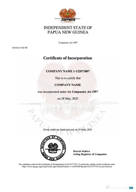 Papua New Guinea certificate of incorporation Word and PDF template